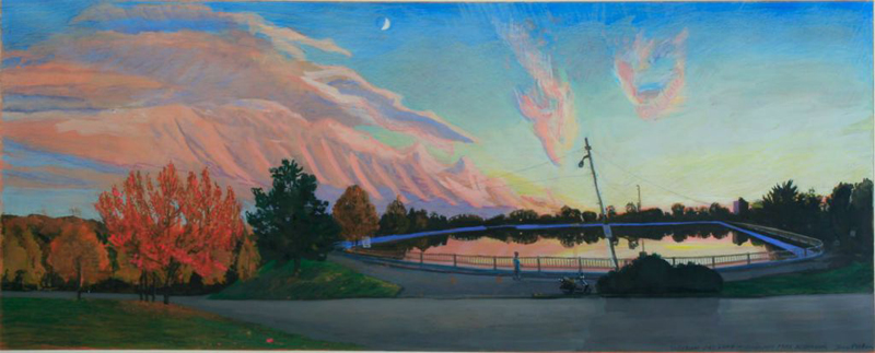 2009, watercolor, gouache and colored pencil on paper, 16 x 40 in. (Collection: Nancy Reese)