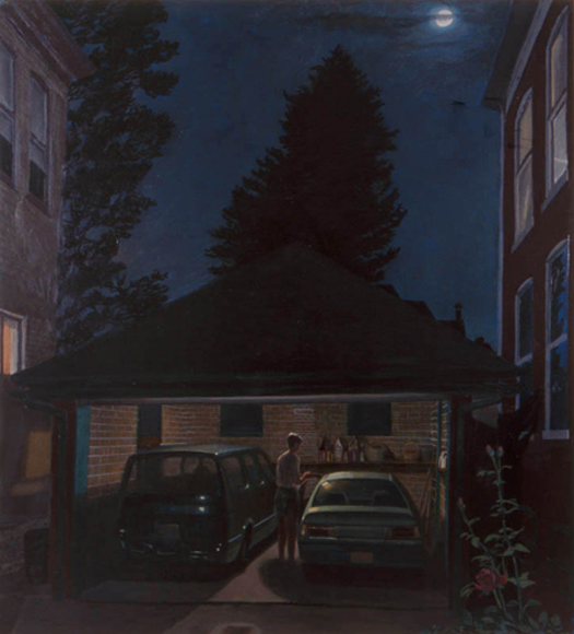 Streeter in the Garage, 2000, oil on canvas, 75 ½ x 67 ½ in., collection: George Loewenstein