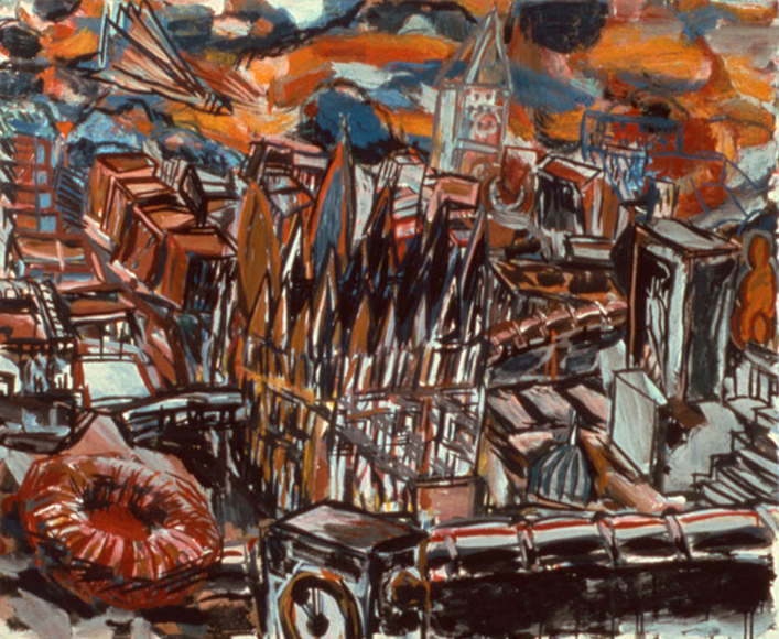 Rooftop Dreams, 1973, oil on canvas, 40 x 50 in., collection: Private