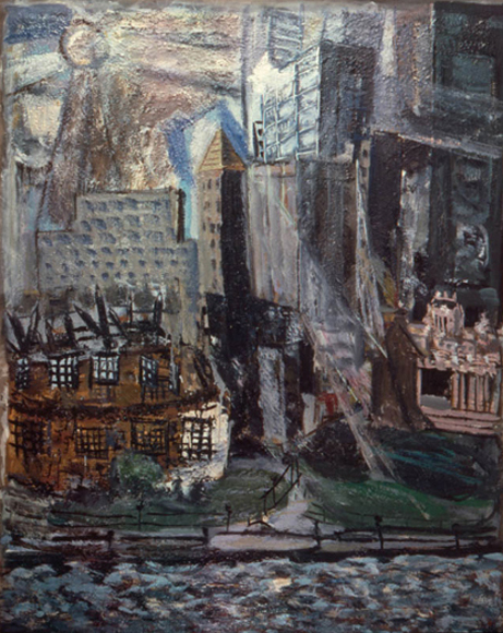 Battery Park, 1975, oil, enamel and sand on canvas, 62 x 49 in.