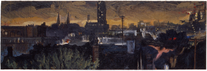 Working Late, 1986, oil on canvas, 24 x 72 in., collection: William F. Cornell