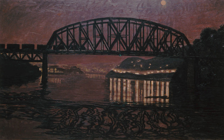Railroad Bridge, 1988, oil on canvas, 41 x 65 ½ in., collection: Streeter Holden
