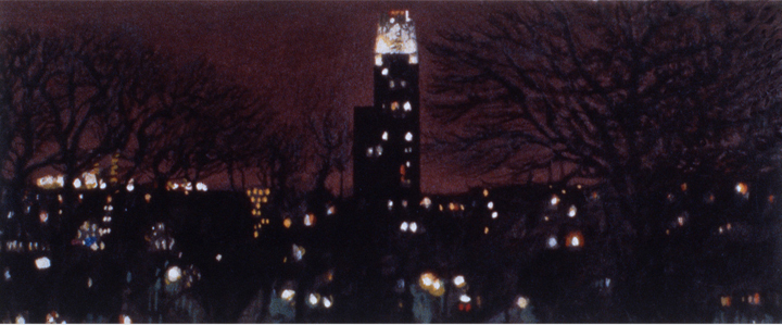 Oakland at Night, 1994, gouache and colored pencil, 4 x 9 ½ in., collection: Joseph Kelly