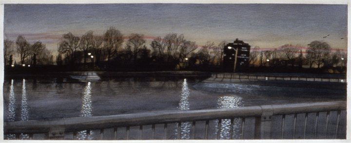 Reservoir (study), 1999, watercolor, gouache and colored pencil, 10 ½ x 26 in., collection: Private