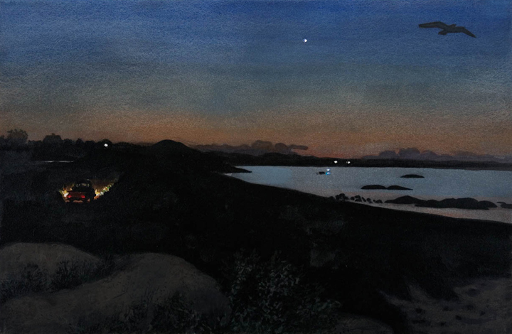 Daybreak at the Harbor, 2006, watercolor and gouache, 15 x 23 in., collection: George Loewenstein
