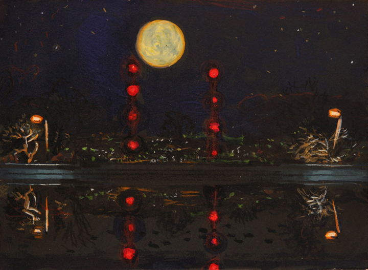 Reservoir Twins (Study #1), 2010, gouache on black matboard, 5 ½ x 7 ½ in.