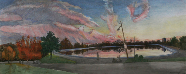 Reservoir / Election Day 2008 #4, 2010, watercolor, gouache and colored pencil, 19 ½ x 48 in.