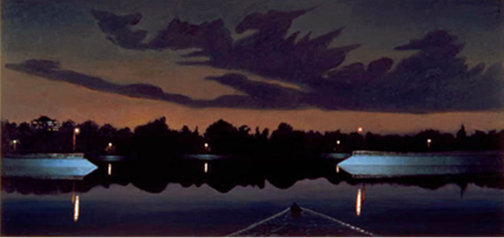 Reservoir with Strange Cloud, 2002, oil on canvas, 35 x 72 1/2 in.