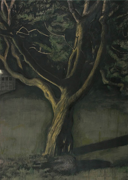 Tree and Garage, 2006, gouache, charcoal, colored pencil and pastel on paper, 69 x 49 ½ in.