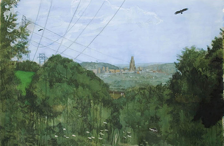 Hays Woods, 2005, gouache, colored pencil, charcoal, pastel and graphite on paper, 59 ½  x 88 in.
